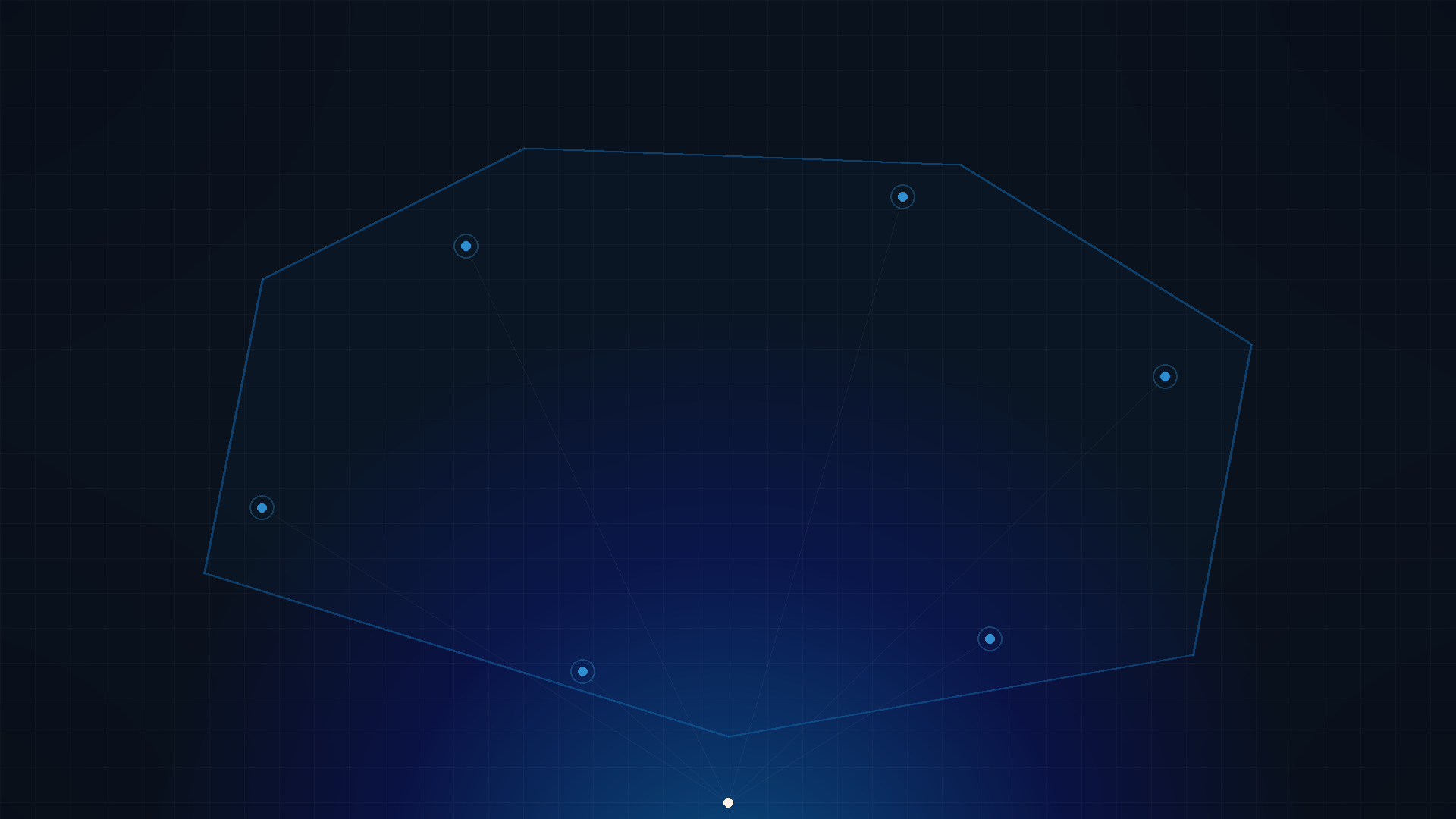 Illustrated night perimeter scan of a property with camera coverage points, in navy and blue tones